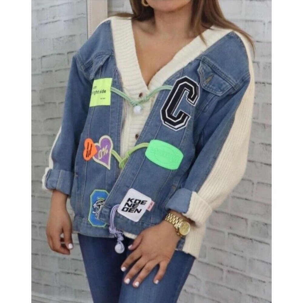 Pastel Sz S Women's Open Front Cardigan Jean Patchwork Rib Knit Sweater Coats